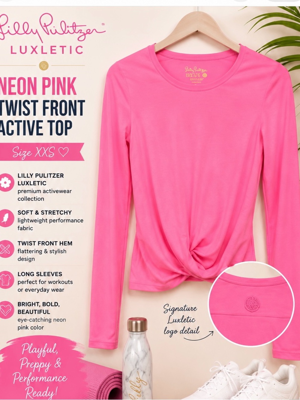 Lilly Pulitzer Neon Pink Long Sleeve Twist Front Active Top